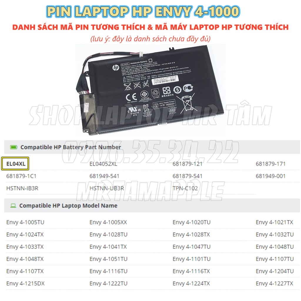 Pin Laptop HP ENVY 4 EL04XL (ZIN) - 6 CELL - Envy 4-1000