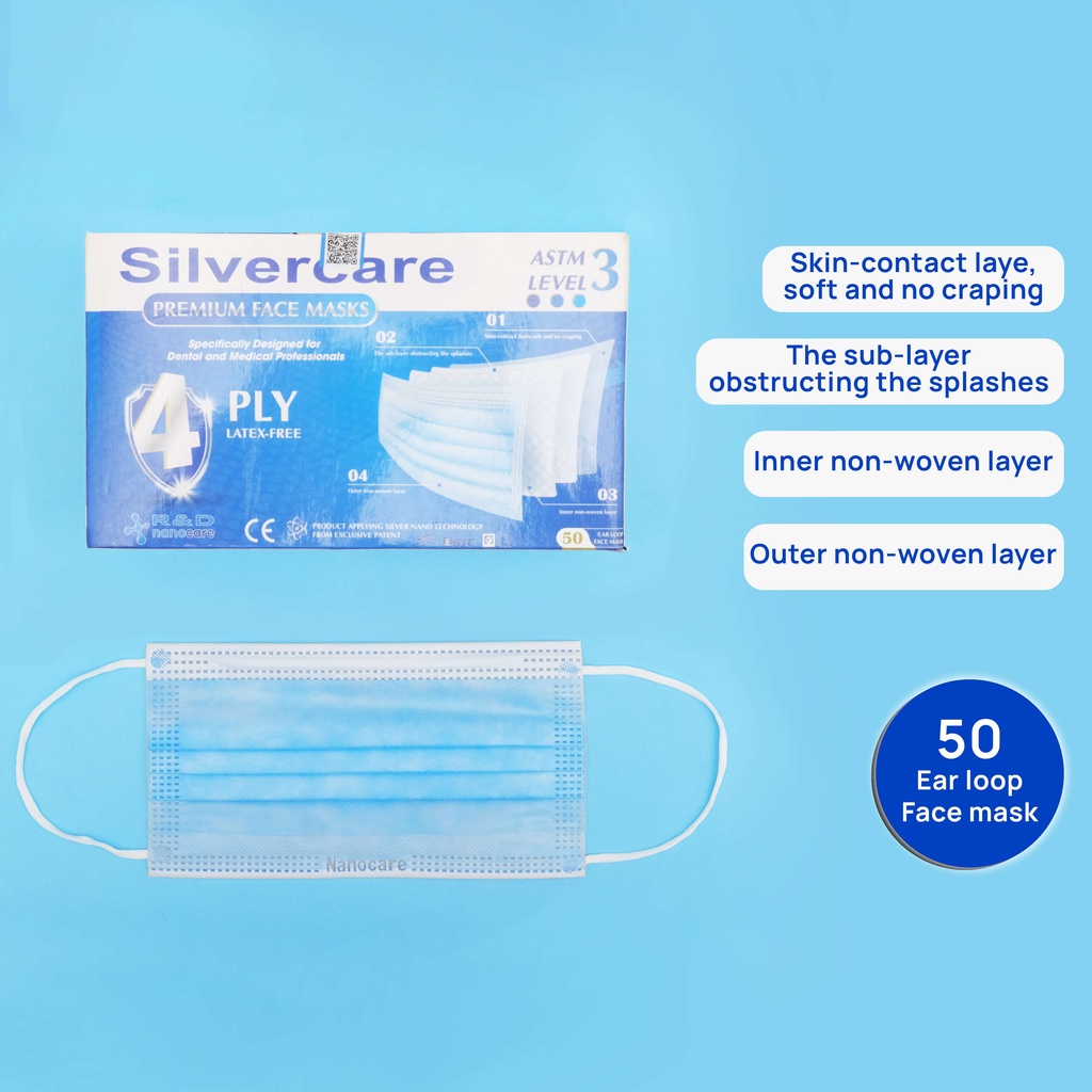 [HỘP-50 CÁI] Khẩu trang y tế kháng khuẩn 4 lớp SILVERCARE (Mầu xanh) - Hàng chính hãng Nanocare R&amp;D