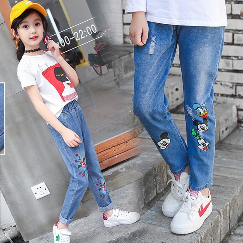 Quần Jeans Thêu Hình Chuột Mickey Thời Trang Cho Bé 3-12 Tuổi