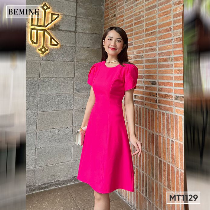 Đầm cổ Vich tay búp BEMINE MT1129HONG