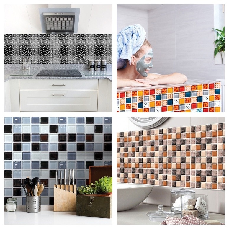 Miếng Dán Tường/ Cầu Thang Bằng PVC Màu Đen Xám Họa Tiết Mosaic Chống Thấm Nước Tiện Dụng Cho Nhà Bếp/ Nhà Tắm