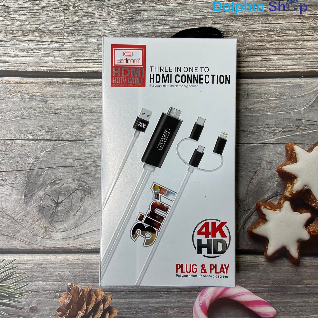 [Mã ELHACE giảm 4% đơn 300K] Cáp HDMI 3in1 Earldom W13 Hỗ Trợ Độ Phân Giải 4K, Tích Hợp 3 Đầu Lightning, Micro, TypeC