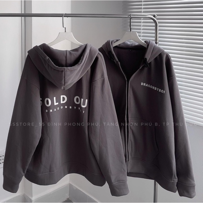Áo khoác hoodie zip SOLD mùa đông có nón vải nỉ bông màu xám form rộng unisex nam nữ - SSSTore