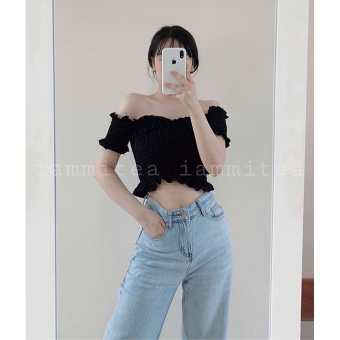 🎀Áo Nhún Thun Đắp Chéo Trễ Vai Fom Croptop Dễ Thương Nữ Tính