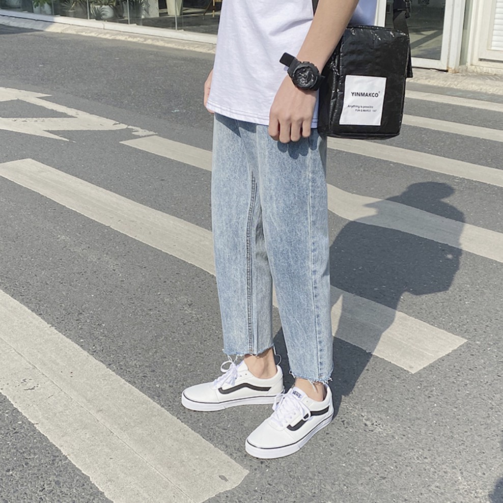 [Tiền Nào Của Đấy]Quần Jean Baggy Nam Cắt Gấu Ống Rộng Màu Xanh Trơn Basic Unisex Vải Co Giãn-B02