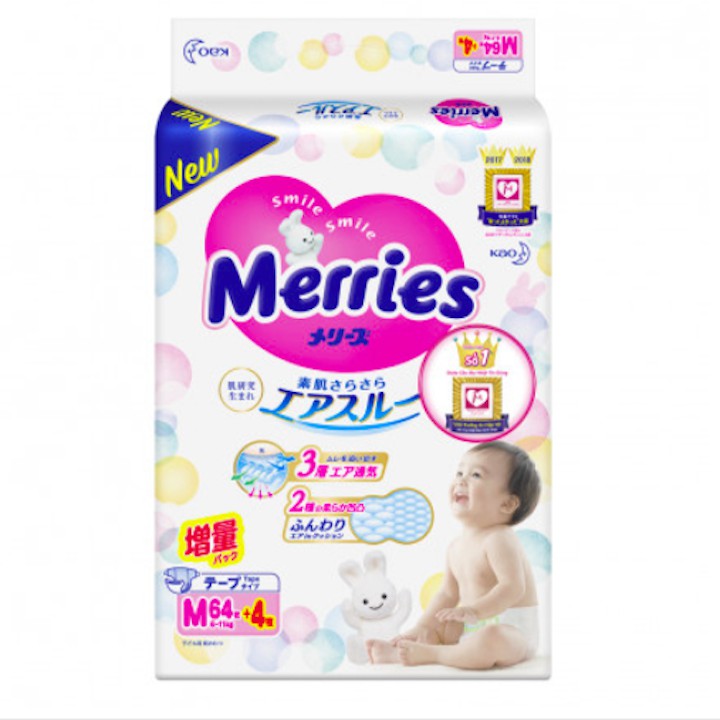 [Cộng miếng] Combo 2 bịch bỉm/Tã dán Merries size M64+4 NỘI ĐỊA NHẬT