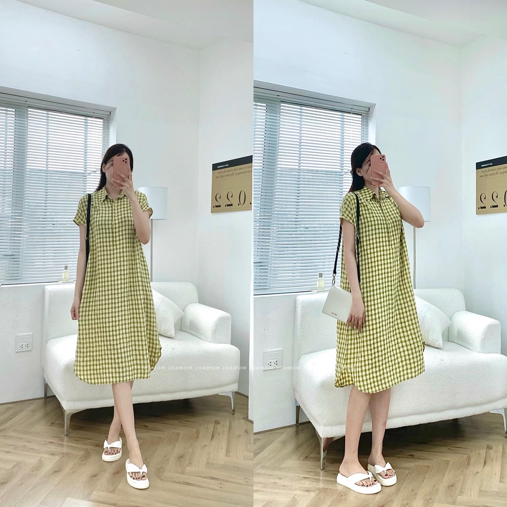 Váy đầm bầu suông rông kẻ caro siêu mát Joamom V223