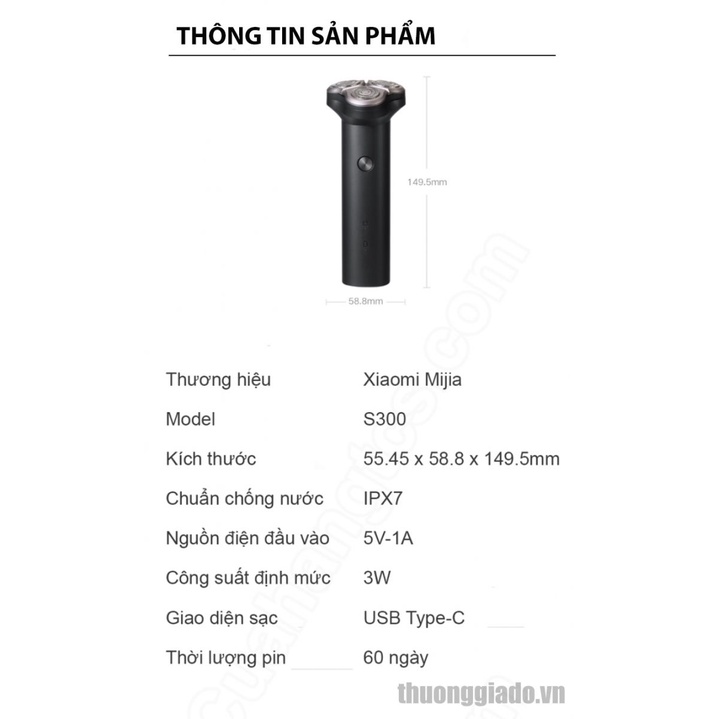 Máy cạo râu thông minh Xiaomi Mijia S300, thiết kế 3 đầu cắt nổi 3D, lưỡi dao kép, cổng usb type-c