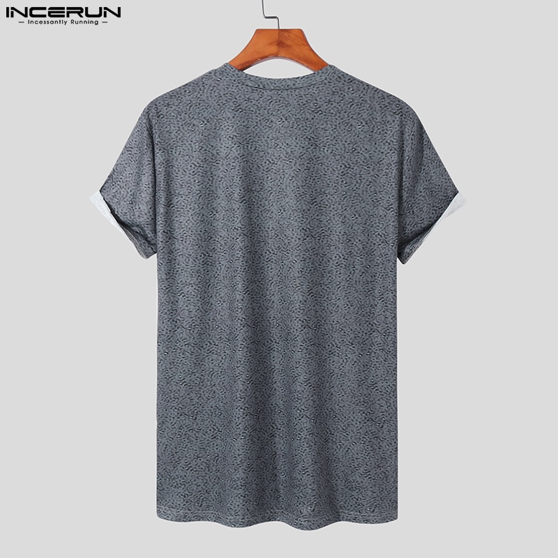 INCERUN Áo nam Ngắn Tay Cổ Tròn In Hình Thời Trang