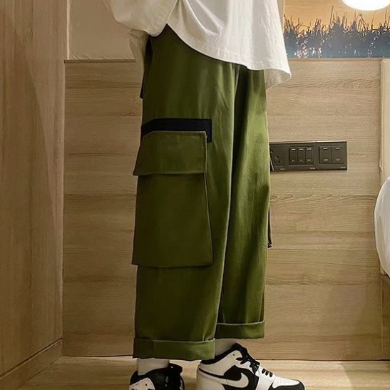 【M-3XL】Loose Men's Trousers Summer Overalls Men's Trendy Nine-Point Korean Version of The Tide Brand Harem Trousers for Men Harajuku Hong Kong Style Cargo Pants Men Clothes Hipster Korean High Waist Trousers Big Pocket Straight Casual Wide Leg Capris