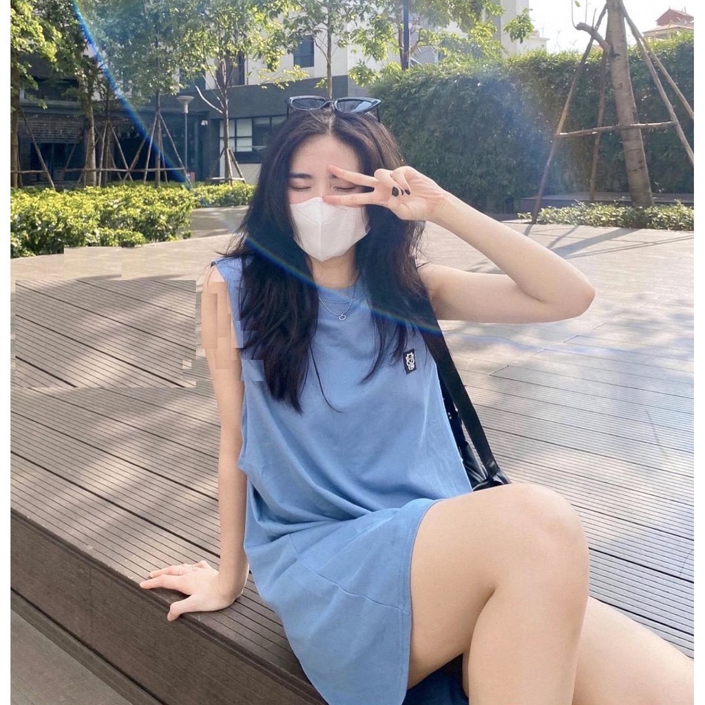 Váy tanktop trơn basic logo bò sữa kèm bra ♥ đầm suông sát nách năng động ♥ | BigBuy360 - bigbuy360.vn