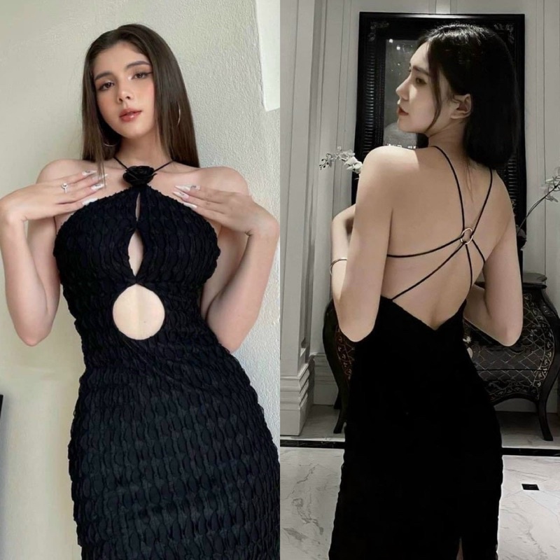 Đầm váy đen dáng dài ôm body 2 dây cổ yếm hở đan lưng, thời trang hotgirl hàng tk đi chơi dự tiệc party sang trọng sexy