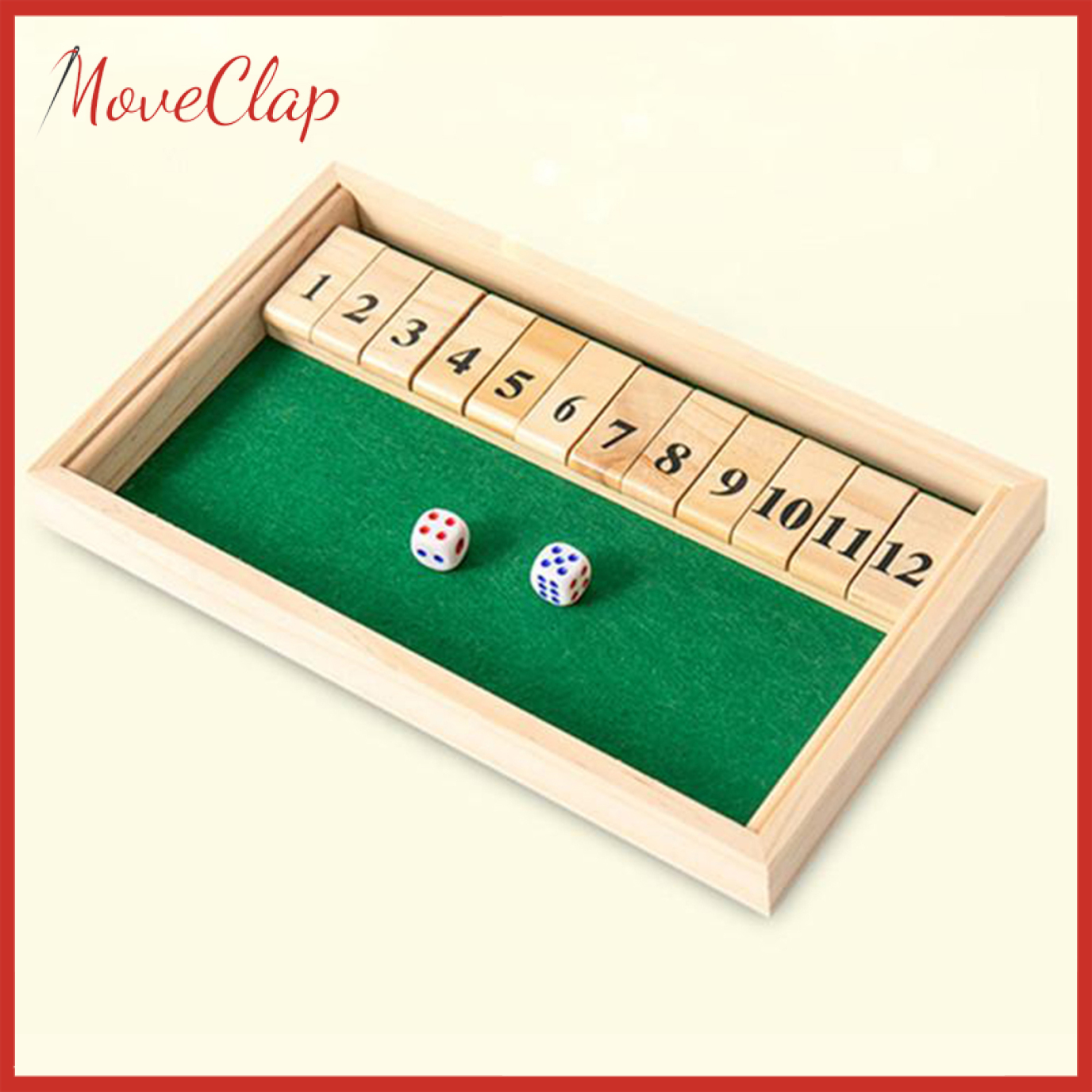 MoveClap Shut The Box Game - 12 Numbers Wooden Dice Game Wooden Number Board Game