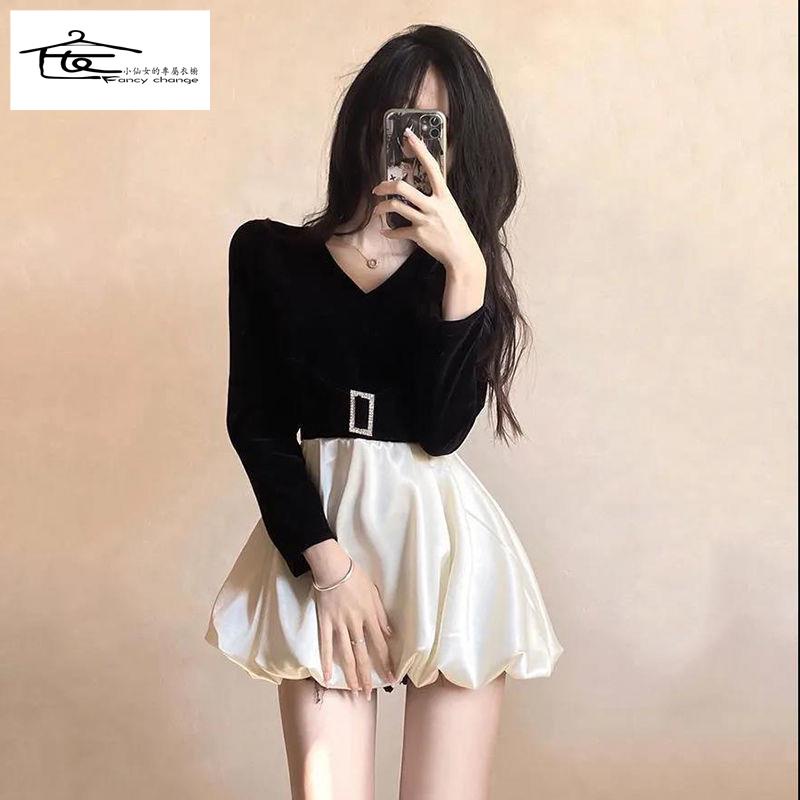 Đầm Nhung Cổ Chữ V Eo Cao Dáng Ôm Thời Trang Cho Nữ