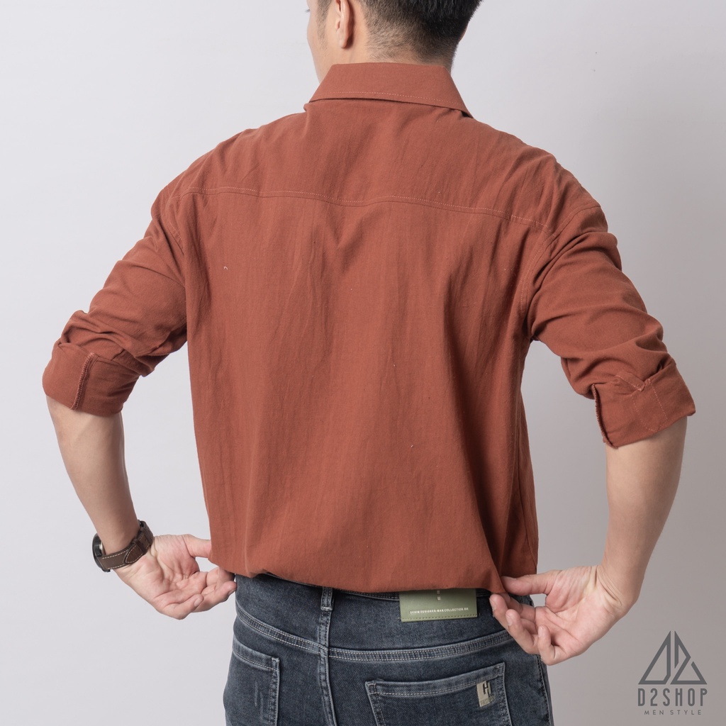 Áo sơ mi D2shop, áo sơ mi nam dài tay vải linen trơn, màu cam đất