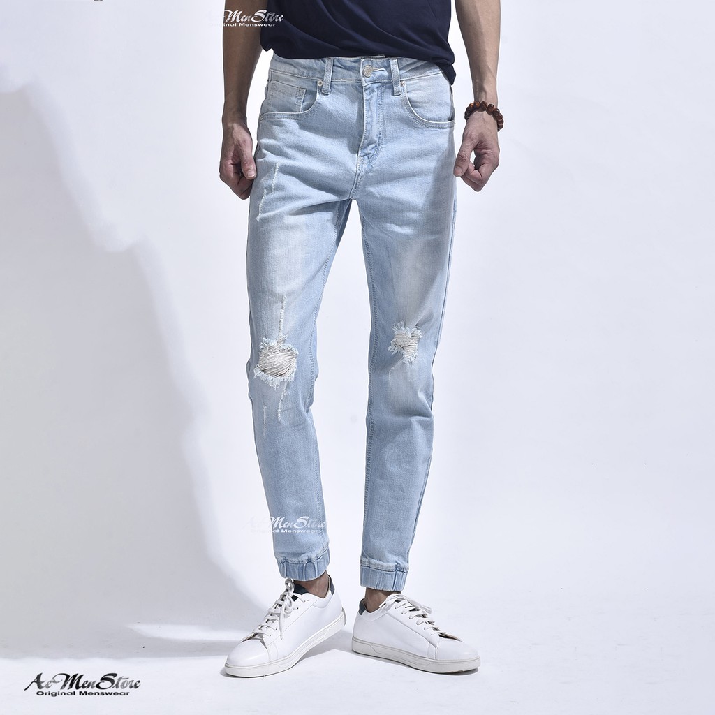 Quần bò nam rách gối jogger xanh nhạt dáng Slim fit đẹp ống côn hàng cao cấp xuất khẩu Hàn Quốc chính hãng Routine mới 2