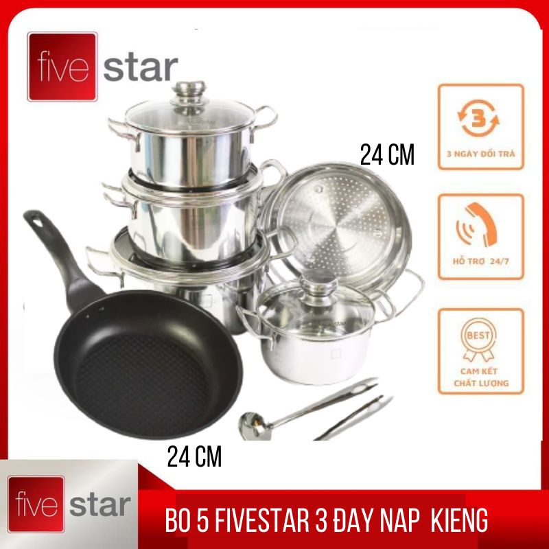 BỘ nồi inox FIVESTAR 6 món nồi, xửng hấp ,chảo chống dính  nắp kiếng ( HÀNG CHÍNH HÃNG BẢO HÀNH .2 NĂM)