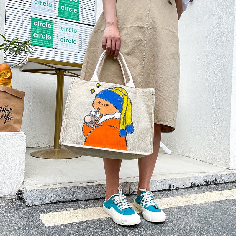 Túi tote canvas vẽ graffiti thủ công 2022 Túi tote vải lanh Túi mua sắm