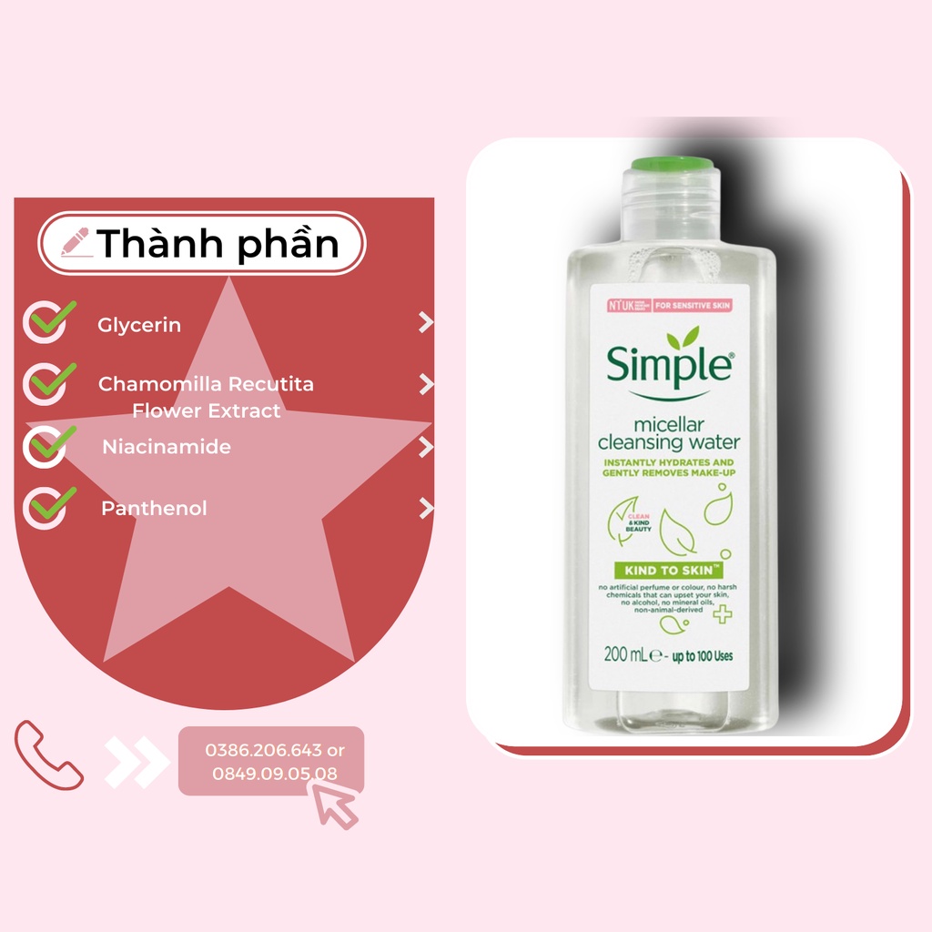 Nước Tẩy Trang Simple Sạch Sâu Dịu Nhẹ Cho Da Nhạy Cảm Kind To Skin Micellar Water 200ml NTT1773