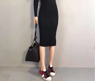 Váy thun gân cổ tim tay dài