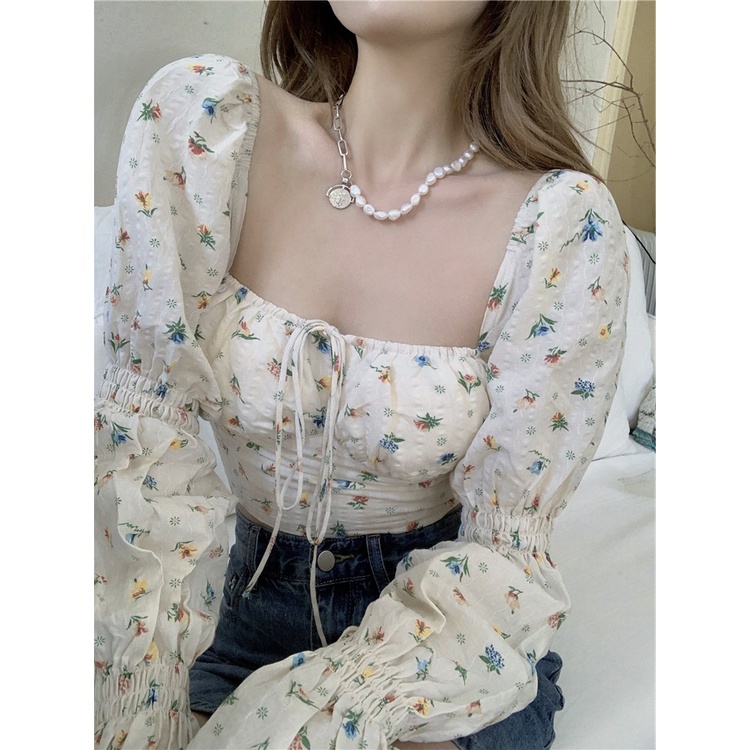 QKOOLE  Áo kiểu tay dài cổ vuông in họa tiết hoa nhún bèo phong cách Hàn Quốc quyến rũ thời trang dành cho nữ
