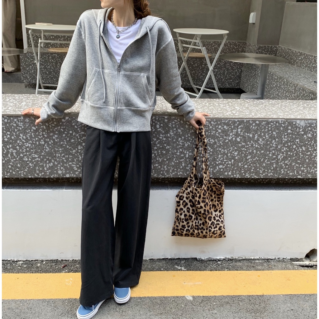 Áo khoác hoodie SUXI dài tay dáng rộng phối khóa kéo thời trang mùa thu Hàn Quốc giản dị dành cho nữ