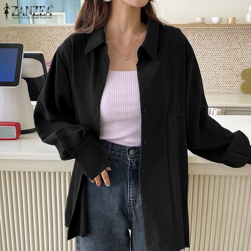 Áo kiểu ZANZEA cổ lật tay dài dáng rộng màu trơn phối xếp ly đơn giản phong cách Hàn Quốc thời trang dành cho nữ