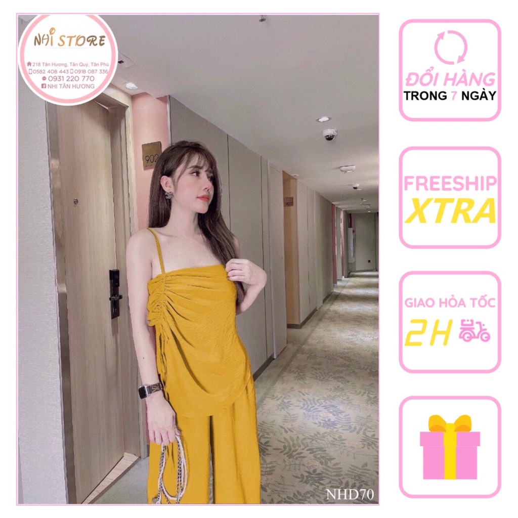 [FREESHIP 50k]  Set Bộ Kiểu NHISTORE Áo Dún Bèo Quần Dài Ống Rộng Chất Đũi Nhăn Freesize Dưới 57kg