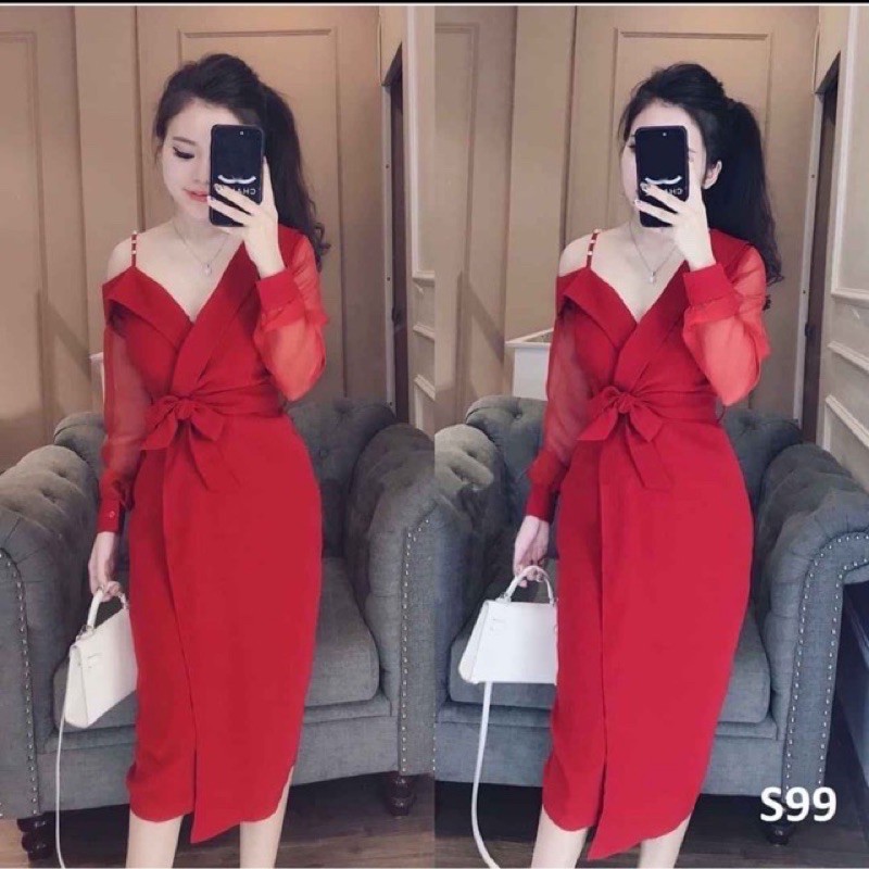 váy đỏ dự tiệc body lệch vai