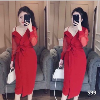 Váy đỏ dự tiệc body lệch vai