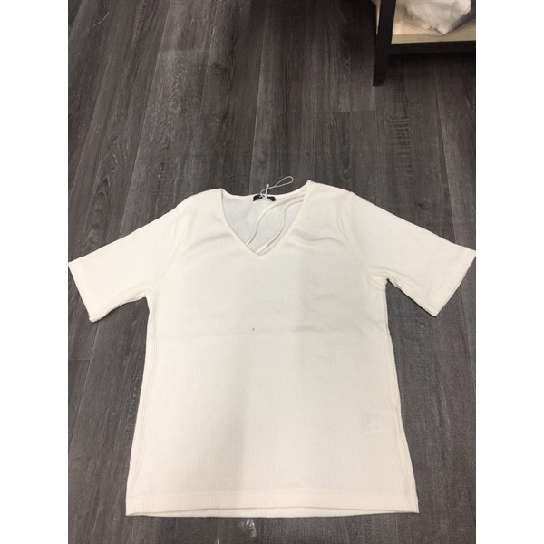 Áo Thun Kiểu Nữ SUREVE Xuất Nhật Cotton Gân Rip Len Cổ Tim Hai Dây Chéo Phải Tay Ngắn Màu Trắng