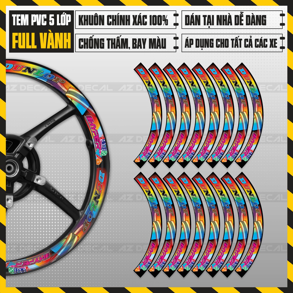 Tem Dán Vành Bản To Dải 7 Màu | FullV14 | Chất Liệu Decal Cao Cấp Thiết Kế Kín Bánh, Chống Nước, Bền Màu