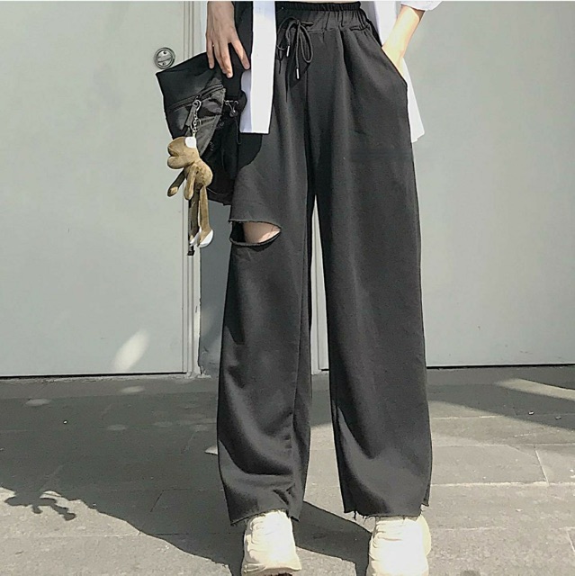 Quần Vải Ổng Rộng Rách Gối Unisex