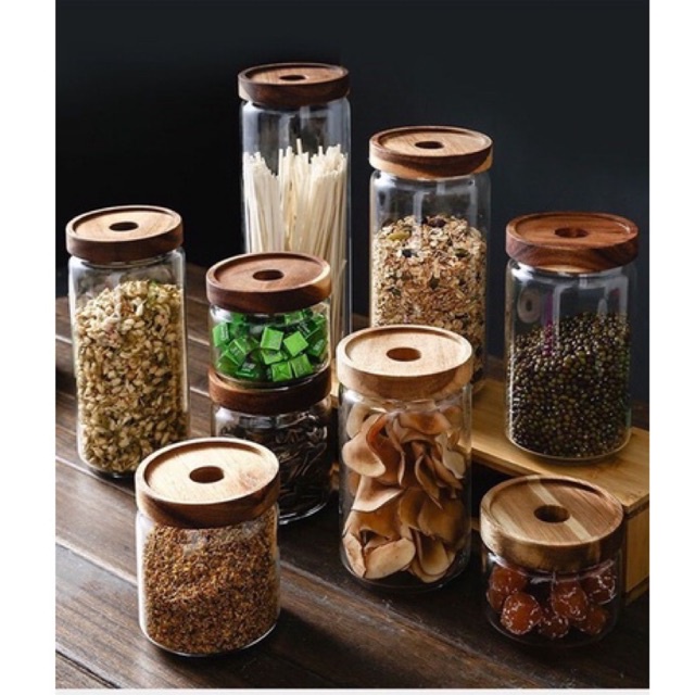 Hũ thuỷ tinh nắp gỗ đục lỗ, lọ thuỷ tinh, hộp thuỷ tinh decor