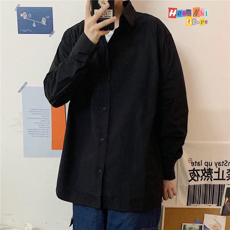 SƠ MI TRƠN DÁNG RỘNG BASIC UNISEX TAY DÀI MÀU ĐEN - MM | BigBuy360 - bigbuy360.vn