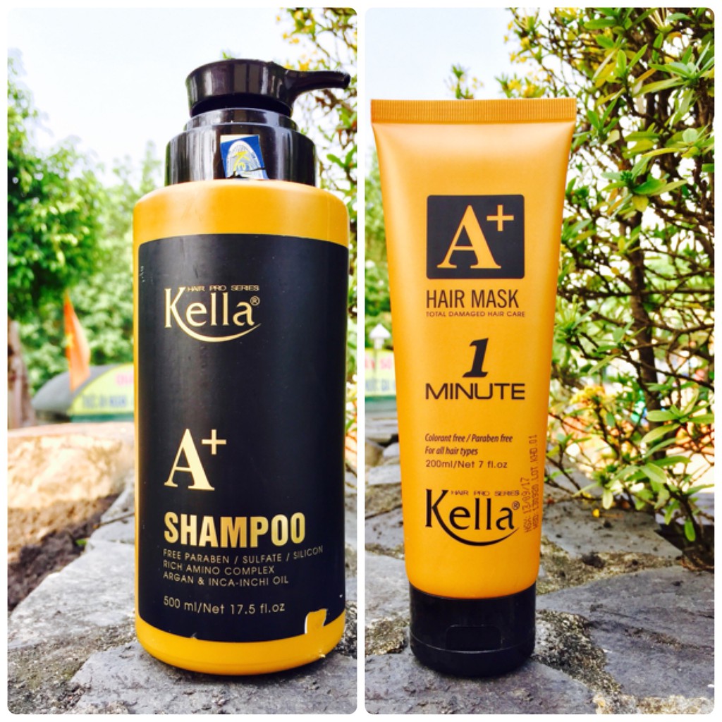 Combo dầu gội và hấp dầu phục hồi Kella A+ với tinh dầu Argan và Inca-Inchi dành cho tóc hư tổn, khô xơ