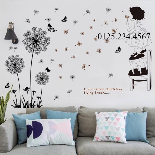 Decal dán tường Combo 2 tranh bồ công anh+ cô bé thổi hoa bồ công anh