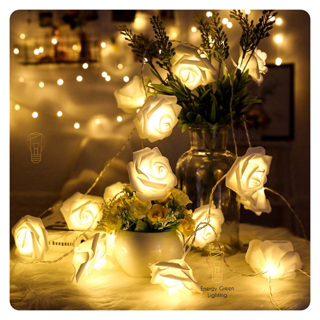 Đèn Dây Led Energy Green Lighting Trang Trí Hoa Hồng Trắng 4m 20 bông - Dùng Pin AA Và Cắm Điện Dây USB