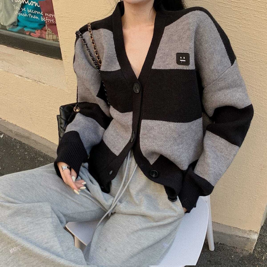 Áo khoác len cardigan cổ chữ V form rộng họa tiết kẻ sọc thời trang Hàn Quốc