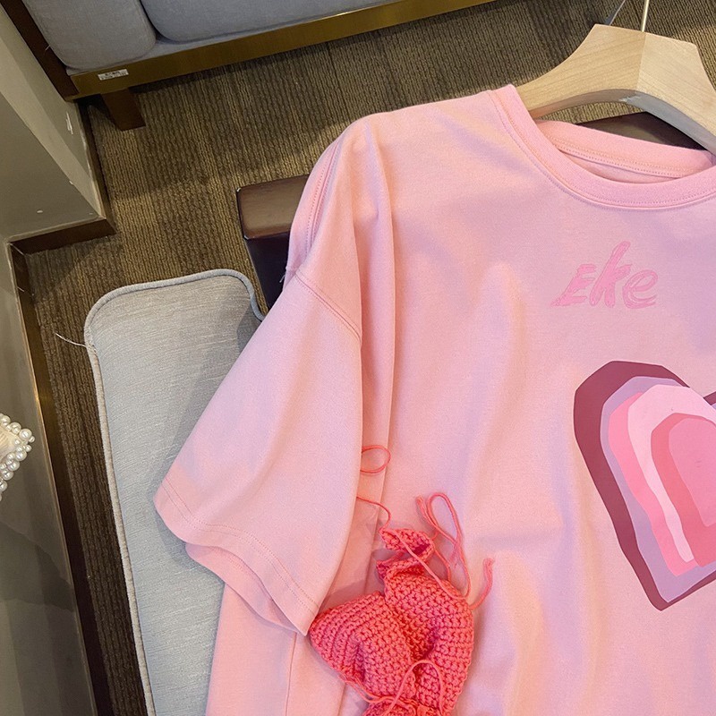 Áo thun ZHELIHANGFEI tay ngắn dáng rộng in hình trái tim thời trang cho nữ