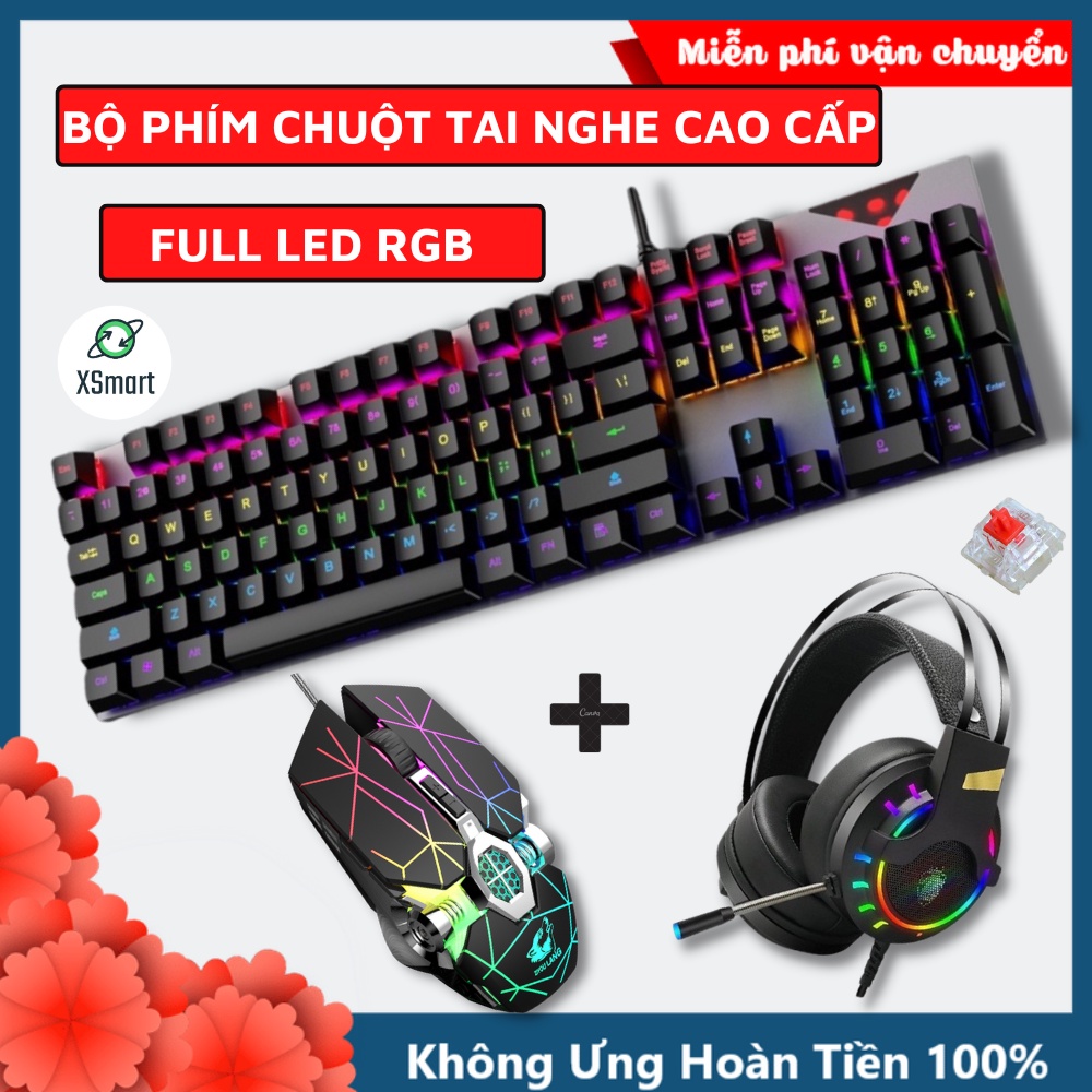 Combo Bàn Phím CƠ Và Chuột Kèm Tai Nghe Máy Tính XSmart Gaming Phím CƠ Red Switch Cực Nhạy, Led rgb 20 Chế Độ K1+v8+K3