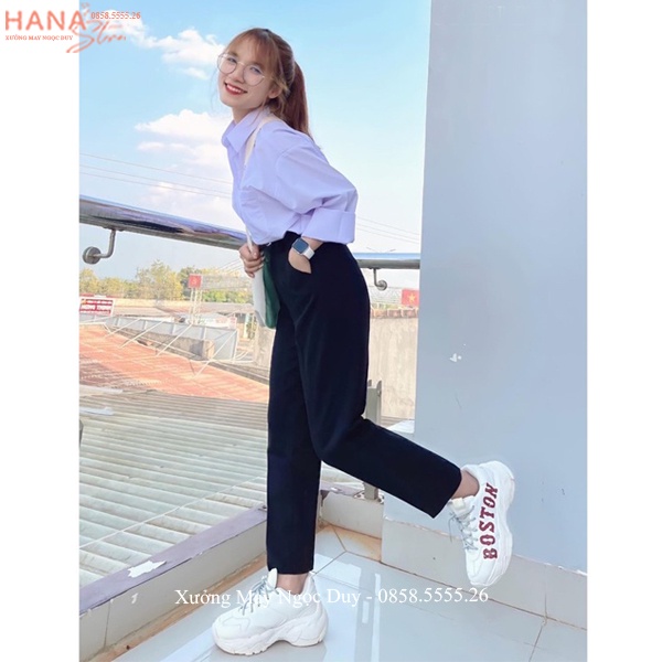 Quần tây nữ đi học lưng cao cạp có đỉa ống đứng suông màu Xanh Đen dáng quần vải baggy học sinh nữ đi học dài đáy cao
