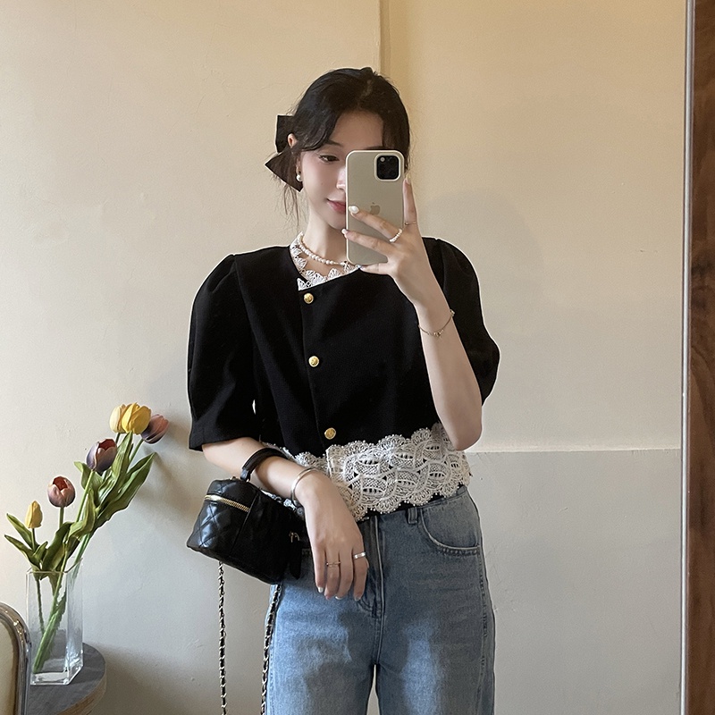 Áo croptop NZN tay ngắn phối ren hoa phong cách Hàn Quốc hợp thời trang (2 màu lựa chọn)