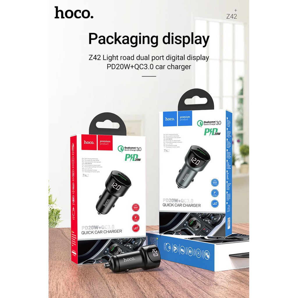 Tẩu Sạc Nhanh ô tô Hoco Z42 PD 20W+QC 3.0 Tẩu Sạc ô tô 2 Cổng Sạc USB và Type-C Tiện Dụng