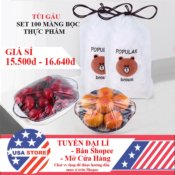 (Video Review) Set 100 Màng Bọc Thực Phẩm TÚI GẤU, Màng Bọc Thực Phẩm PE Có Chun Bọc Đồ Ăn Co Giãn Tái Sử Dụng Nhiều Lần