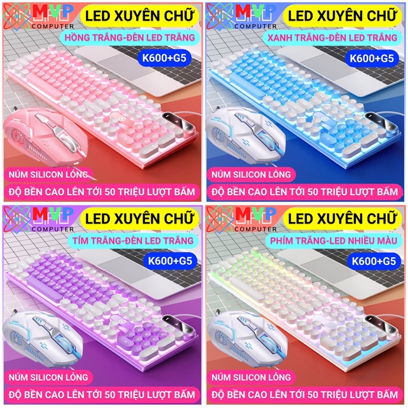 BÀN PHÍM VÀ CHUỘT GIẢ CƠ MÁY TÍNH LAPTOP GAMING NÚT TRÒN CÓ DÂY LED XUYÊN CHỮ YINOIAO K600+G5 NHIỀU MÀU HỒNG XANH TÍM