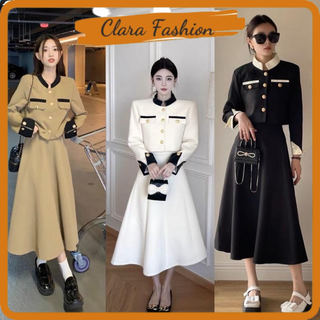  Set Nhung Lỳ Dáng Dài Áo Khoác Cổ Tàu Mix Chân Váy Xoè Có Ảnh Thật Clara Siêu Xinh 