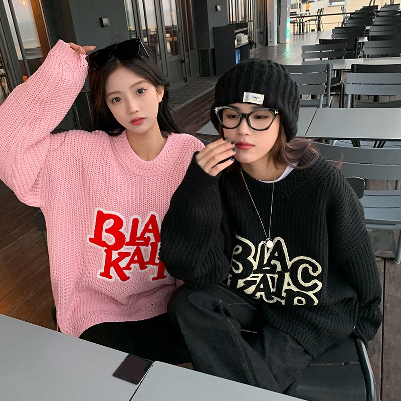 Áo sweater ZHELIHANGFEI dệt kim dài tay dáng rộng họa tiết chữ phong cách Mỹ thời trang dành cho nữ
