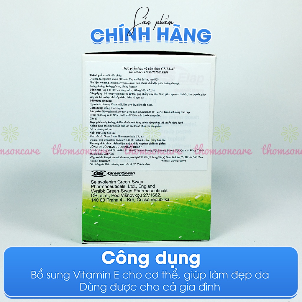 Vitamin E 400IU GS Elap, nhập khẩu từ Châu Âu, hộp 30 viên bổ sung vtm Enat hữu cơ, đẹp da