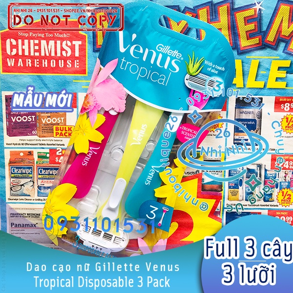 ☔️Bill Úc☔️ Dao cạo nữ 3 lưỡi Gillette Venus Sensitive / Tropical Disposable Razors ☔️ Chuẩn Chemist ☔️